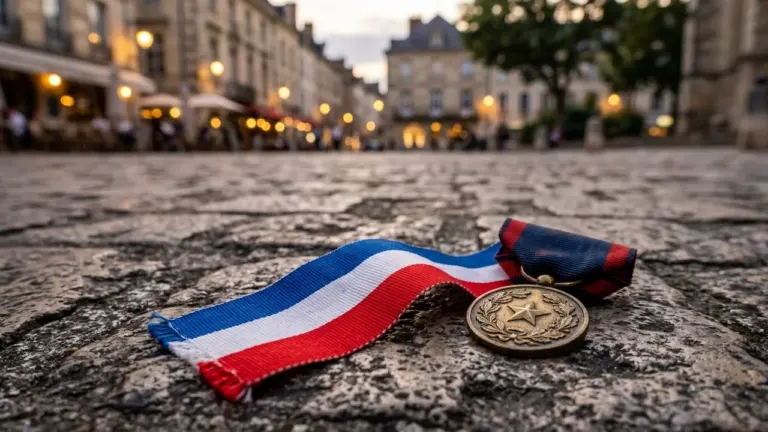 Une médaille militaire avec ruban tricolore posée sur les pavés d'une place publique urbaine.