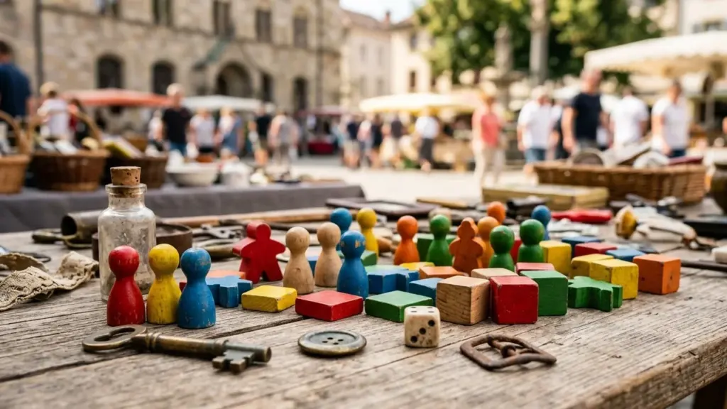 Des pièces de jeux de société colorées en bois sur une table de brocante.