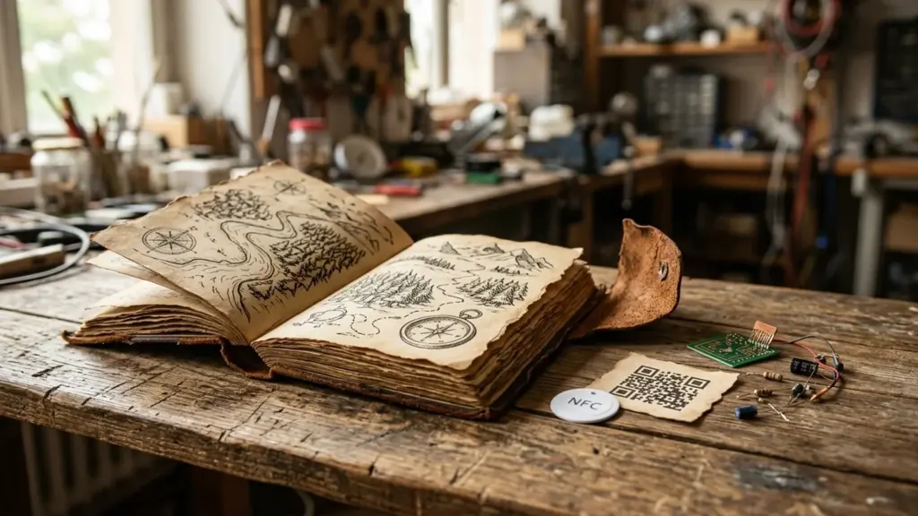 Un vieux livre ouvert avec des cartes dessinées sur une table d'atelier en bois.