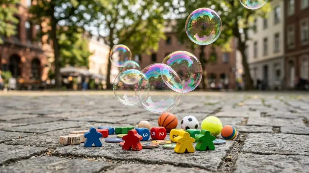 Des bulles de savon flottent au-dessus de jouets et balles colorées sur un pavé.