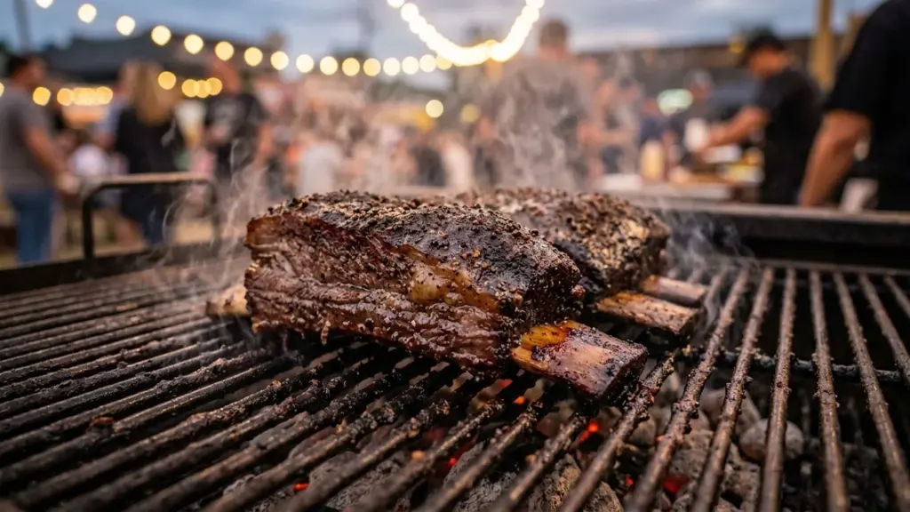 Des côtes de bœuf grillées et fumantes cuisent sur un barbecue extérieur lors d'un événement.