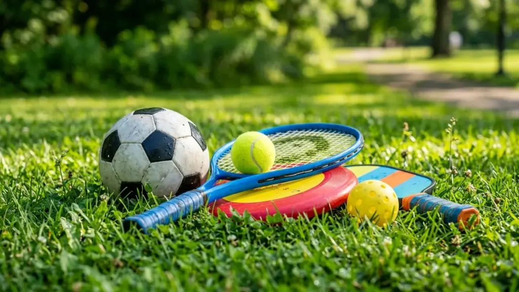 Un ballon de football, une raquette et divers équipements sportifs posés sur l'herbe verte.