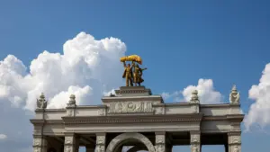 Grand arc de triomphe orné sous un ciel bleu éclatant à Dijon.