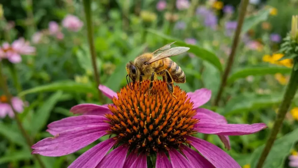 Une abeille récolte du pollen sur une fleur d'échinacée rose aux pétales tombants.