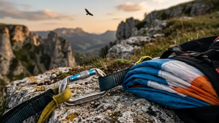 Un mousqueton d'escalade attaché à un sac de parapente sur une falaise rocheuse montagneuse.