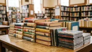 Piles de livres anciens et boîtiers de CD sur une table en bois en bibliothèque.