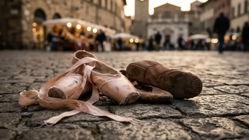 Paire de chaussons de danse en satin posée sur des pavés anciens en ville.