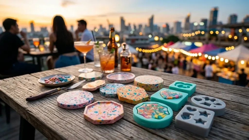 Des sous-verres en terrazzo colorés disposés sur une table en bois en plein air.