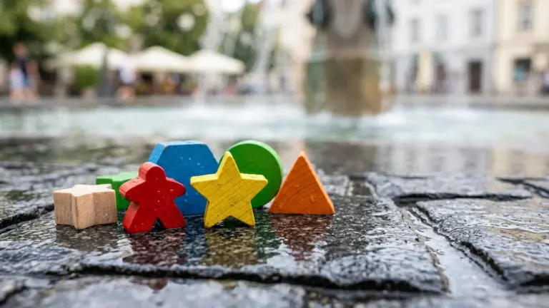 Jouets en bois colorés de formes géométriques posés sur des pavés mouillés en extérieur.