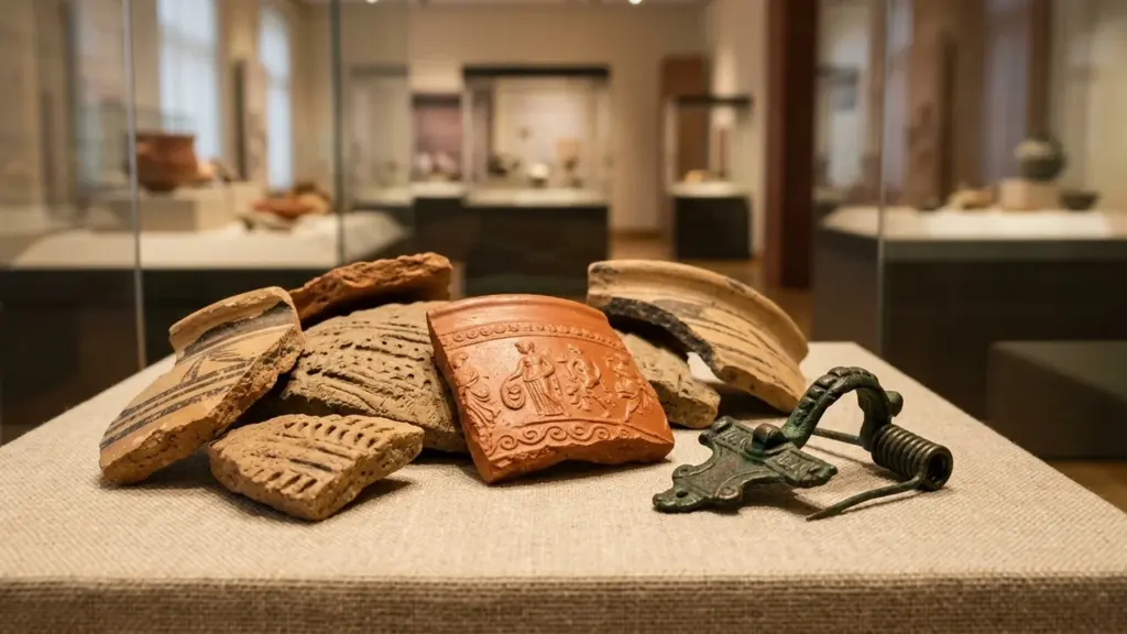 Des fragments de poteries antiques et une fibule en bronze exposés dans un musée.