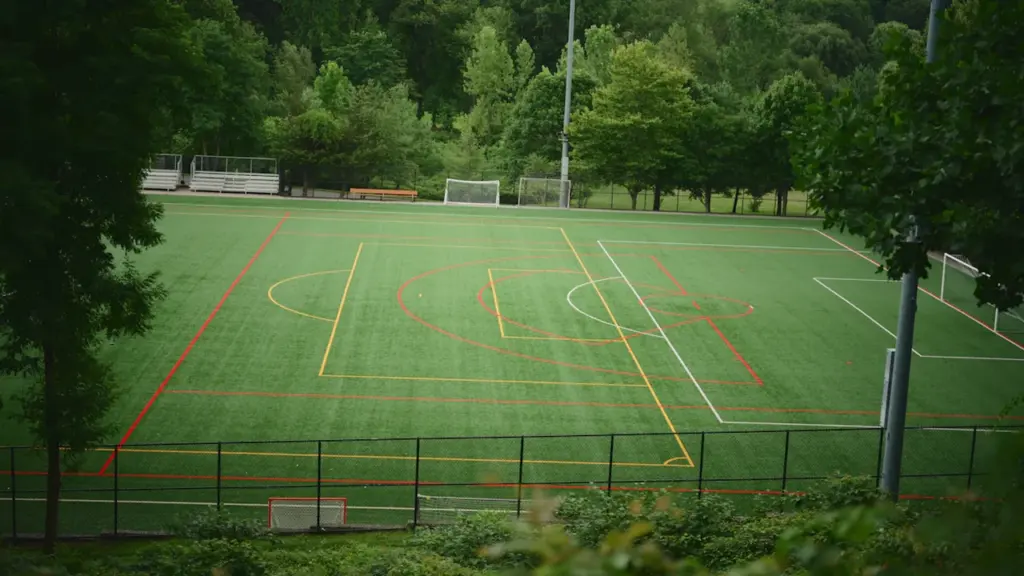 Un terrain de sport extérieur vide entouré d'arbres verdoyants, vue d'ensemble.