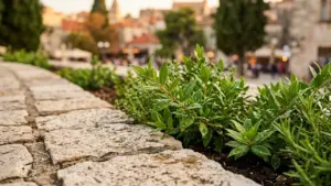 Gros plan sur des plantes vertes bordant un muret en pierres anciennes dans une ville.