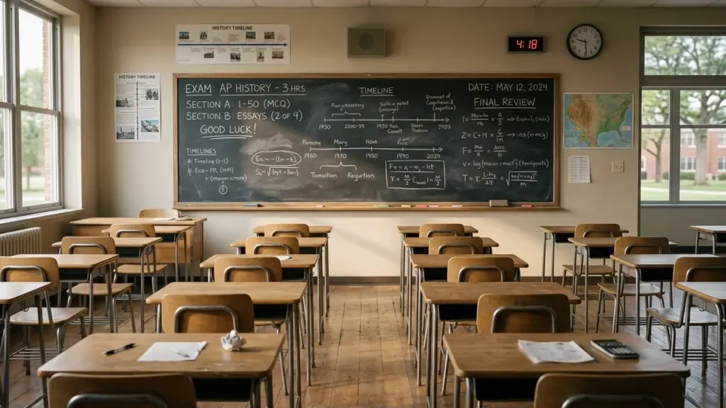 Une salle de classe vide avec des pupitres et un tableau noir rempli d'informations.