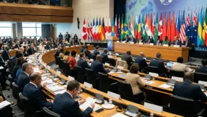 Une salle de conférence internationale avec de nombreux délégués assis devant des drapeaux mondiaux.