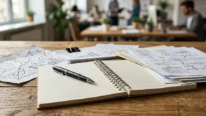 Carnet ouvert et stylo posés sur un bureau en bois avec des schémas professionnels.