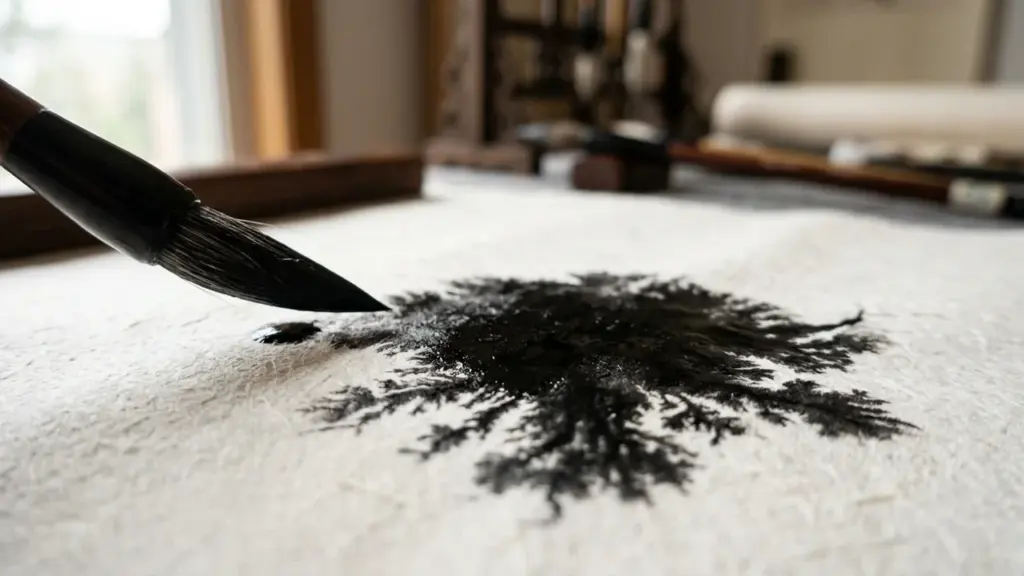 Un pinceau de calligraphie chinoise déposant une goutte d'encre noire sur du papier texturé.