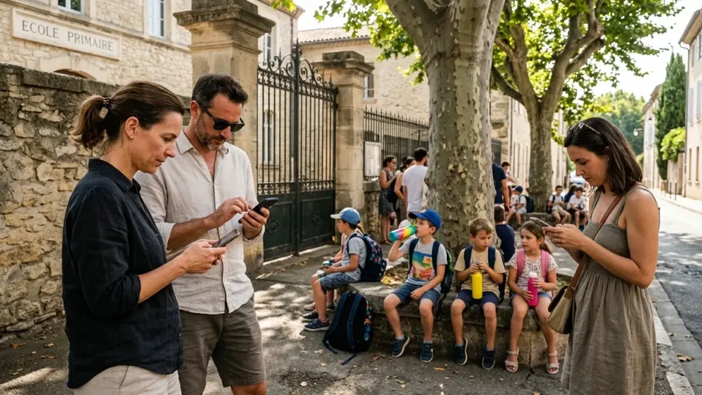 Des parents utilisent leurs téléphones devant une école primaire pendant que des enfants attendent.