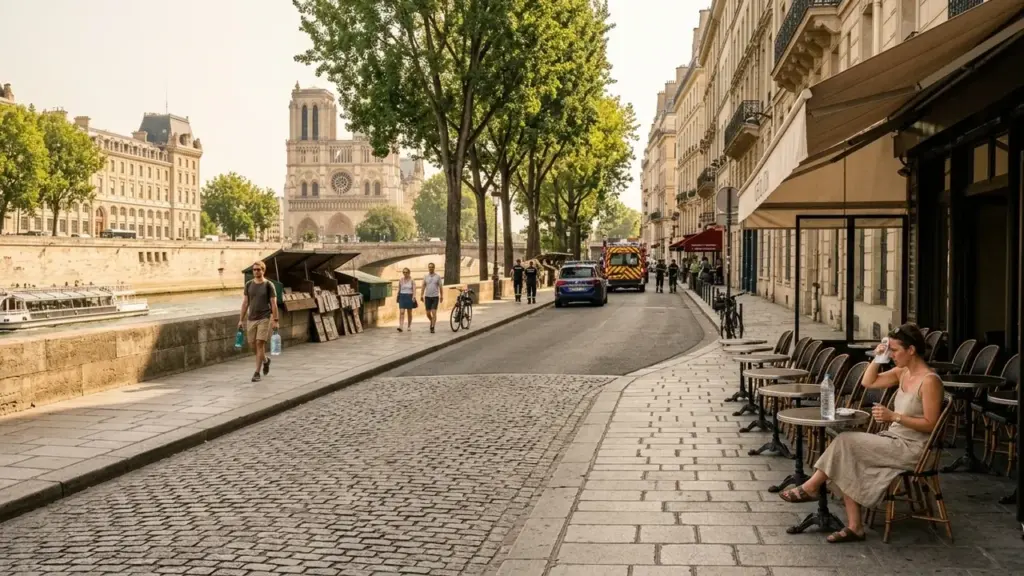 Une rue pavée au bord de la Seine avec la cathédrale Notre-Dame en arrière-plan.