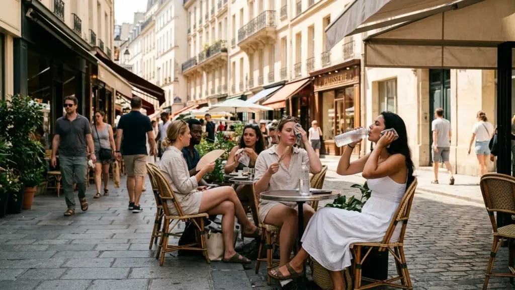 Des personnes s'assoient à une terrasse de café parisienne en pleine canicule estivale.