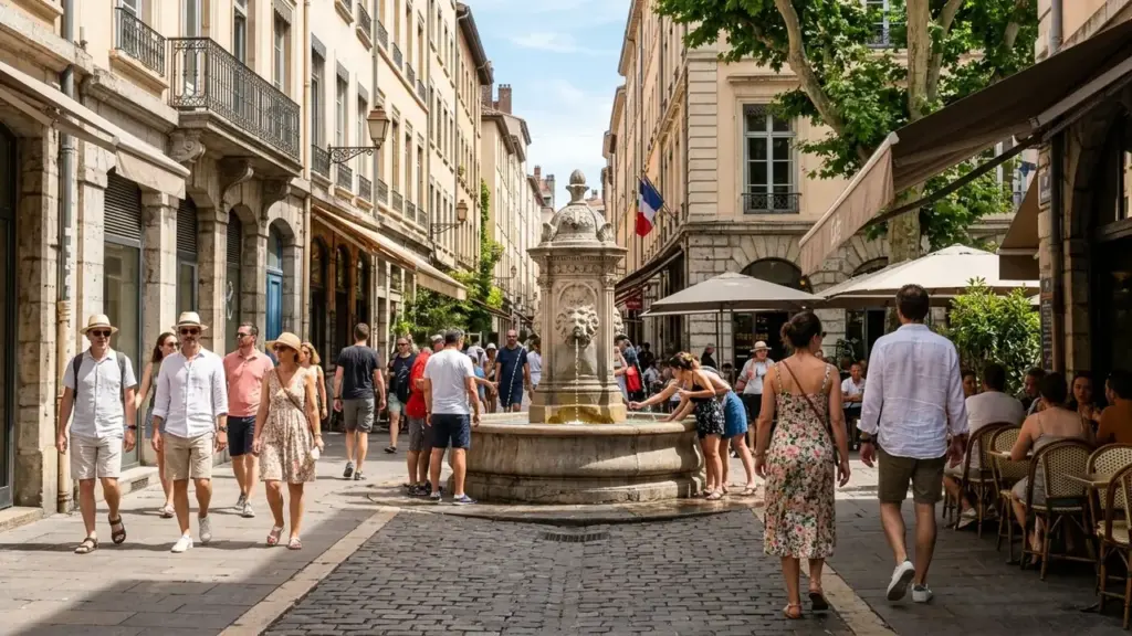 Une rue pavée animée avec des piétons, une fontaine ancienne et des terrasses de café.