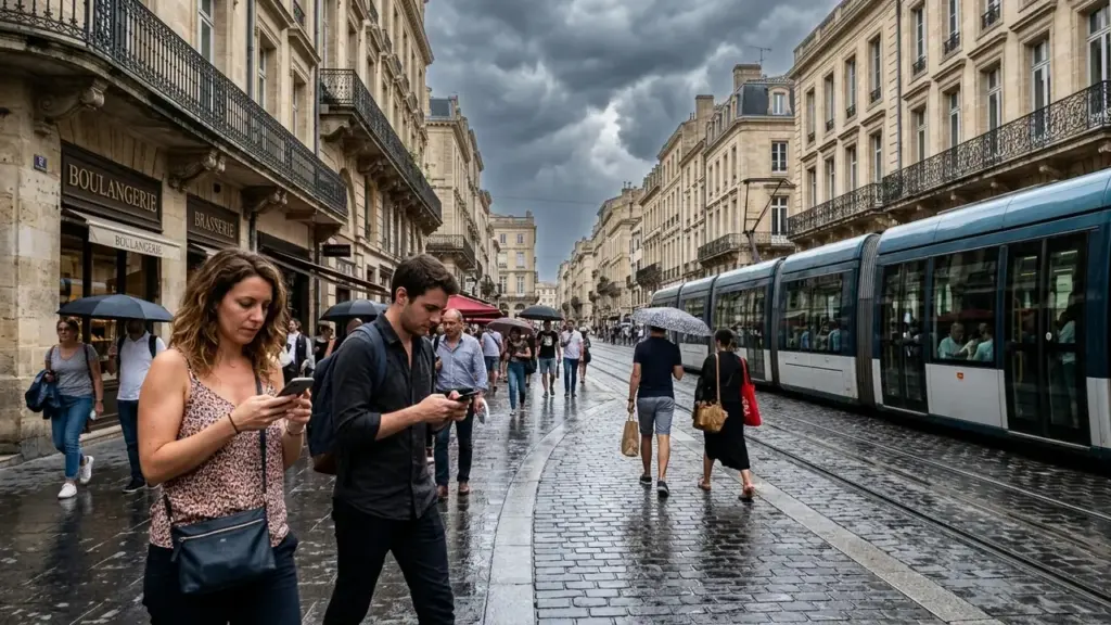 Passants sur une rue pavée pluvieuse avec un tramway moderne sous un ciel orageux.