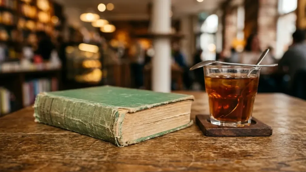 Un vieux livre vert posé sur une table en bois avec un verre d'ice tea.