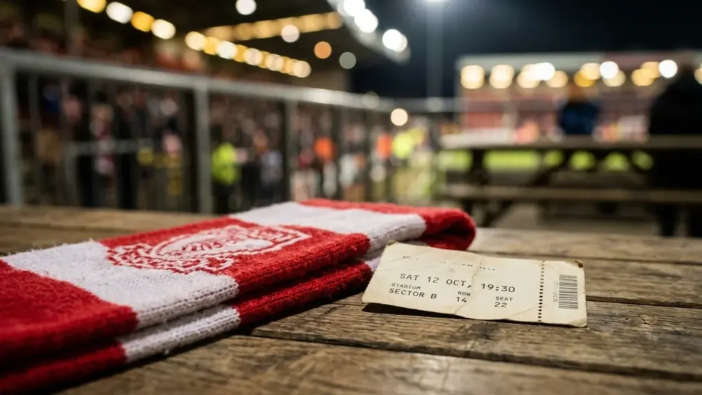 Une écharpe rouge et blanche posée près d'un billet de match sur une table en bois.