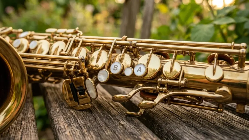 Gros plan sur un saxophone en laiton brillant posé sur une table en bois vieilli.