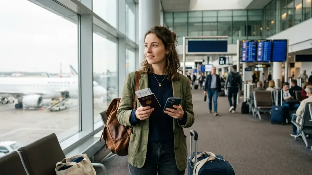 Une jeune femme tient son passeport et son téléphone dans un terminal d'aéroport animé.