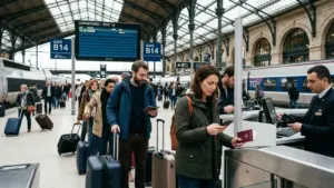 Des voyageurs font la queue avec leurs bagages devant un guichet d'embarquement ferroviaire.