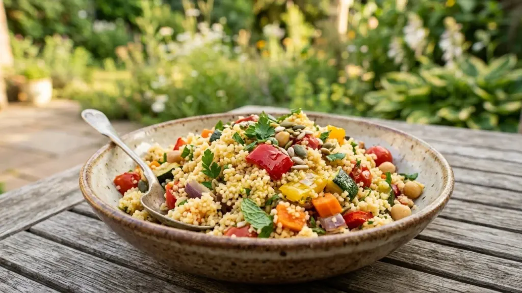 Un bol en céramique rempli de couscous aux légumes frais posé sur une table boisée.