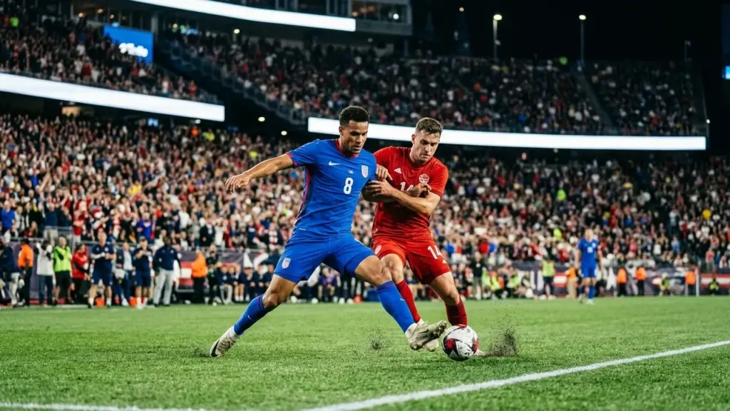 Un joueur de football américain en bleu lutte contre un joueur canadien en rouge.