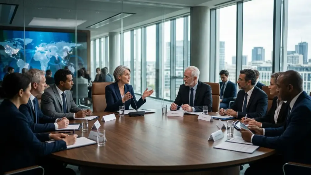 Une équipe diversifiée de professionnels en costumes discute autour d'une table de réunion circulaire.