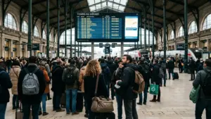 Une foule de voyageurs attend devant un grand tableau d'affichage des départs en gare.