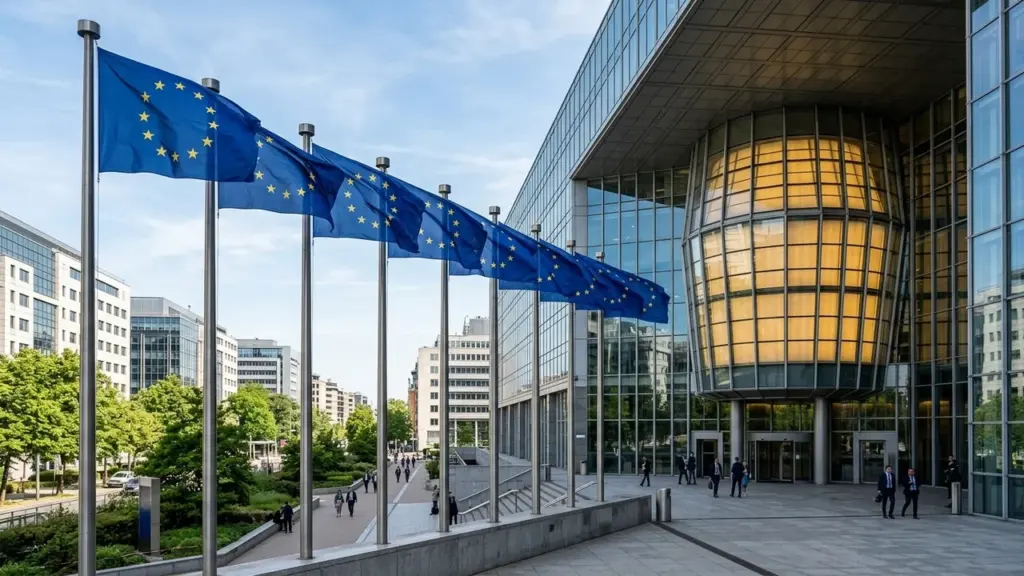 Plusieurs drapeaux bleus de l'Union européenne flottant devant le siège du Parlement européen à Bruxelles.