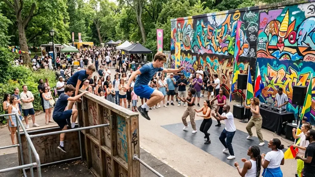 Un jeune homme saute par-dessus un mur devant une foule lors d'un festival urbain.
