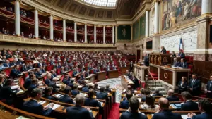 Vue d'ensemble de l'hémicycle de l'Assemblée nationale française lors d'une séance parlementaire formelle.