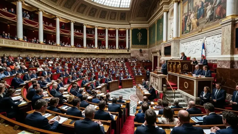 Vue d'ensemble de l'hémicycle de l'Assemblée nationale française lors d'une séance parlementaire formelle.