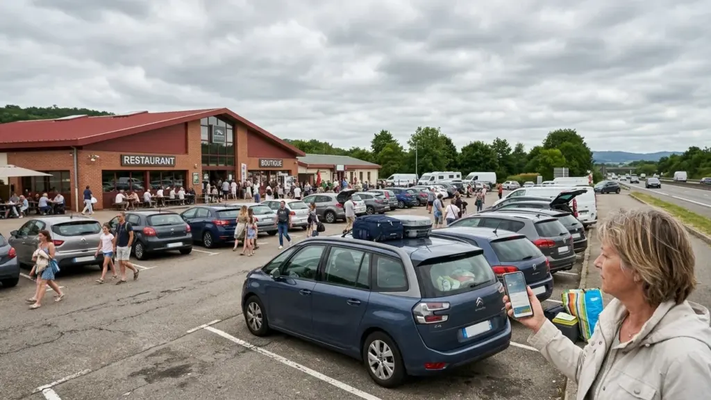 Une aire d'autoroute animée avec un restaurant, des voitures stationnées et des vacanciers nombreux.