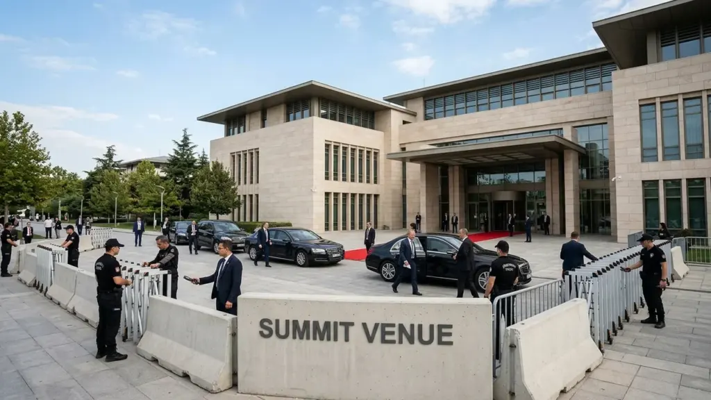 Bâtiment institutionnel moderne devant lequel des véhicules diplomatiques attendent des dignitaires lors d'un sommet.