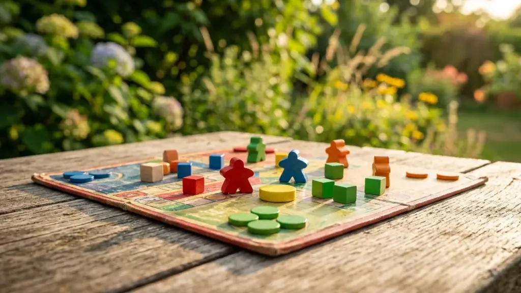 Un jeu de société ancien avec des pions en bois sur une table en bois.