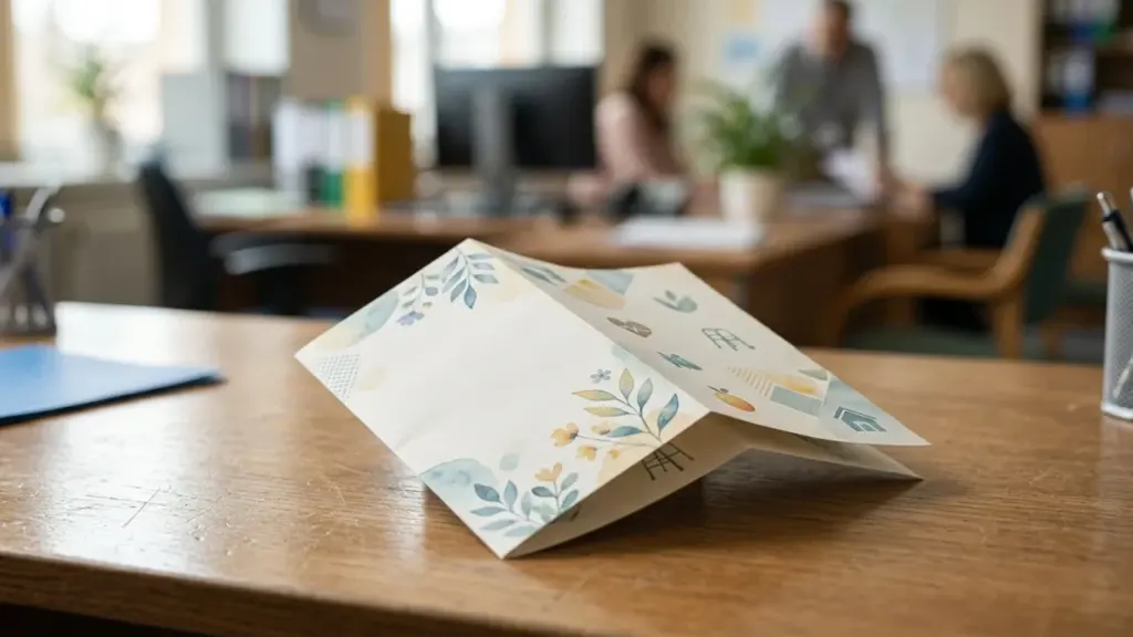 Une brochure en papier pliée avec des motifs floraux posée sur un bureau en bois.