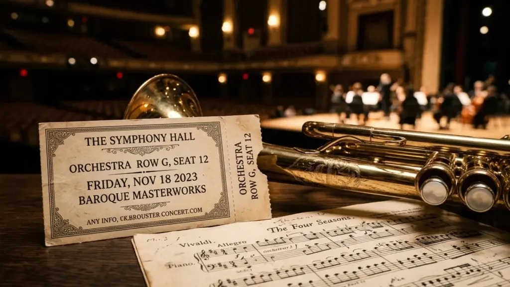 Billet de concert pour orchestre posé devant une trompette et une partition musicale classique.