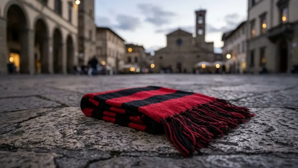 Une écharpe à rayures rouges et noires posée sur les pavés d'une place italienne.
