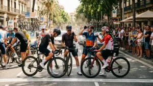 Quatre cyclistes professionnels en tenue de course s'arrêtent sur une route urbaine très fréquentée.