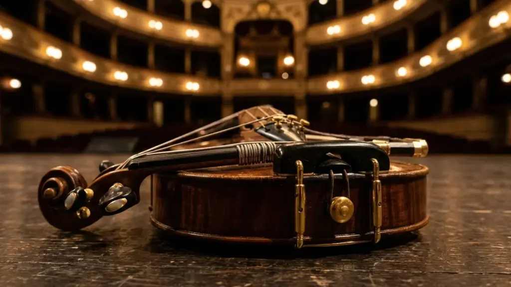 Un violon posé sur la scène en bois d'un théâtre classique aux lumières tamisées.