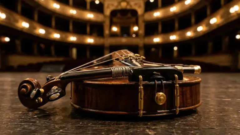 Un violon posé sur la scène en bois d'un théâtre classique aux lumières tamisées.