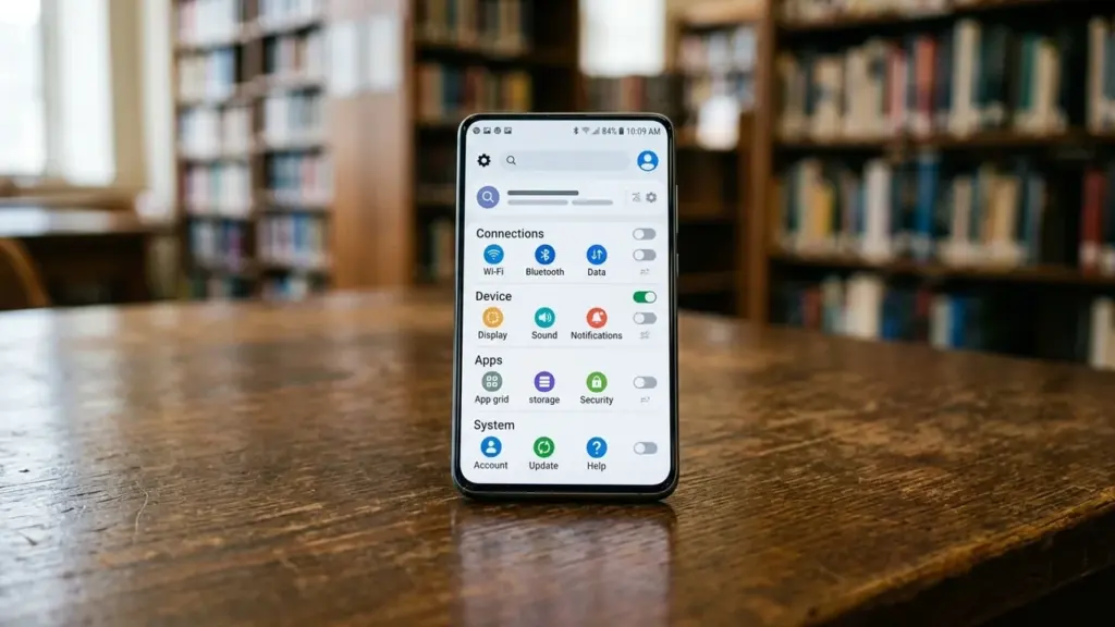 Un smartphone affichant le menu des paramètres Android sur une table en bois.