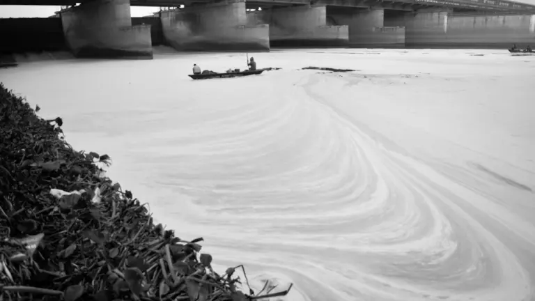 Vue en noir et blanc d'un pont sur une rivière polluée par des sédiments.