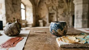 Objets en céramique artisanaux disposés sur une table en bois dans une salle ancienne.